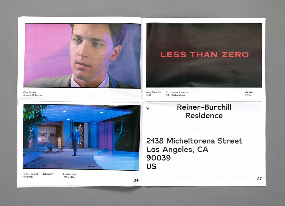 Four images arranged in a grid depicting a man in a suit, the words "Less than Zero" in red on a black background, an address, and a picture of an outdoor courtyard