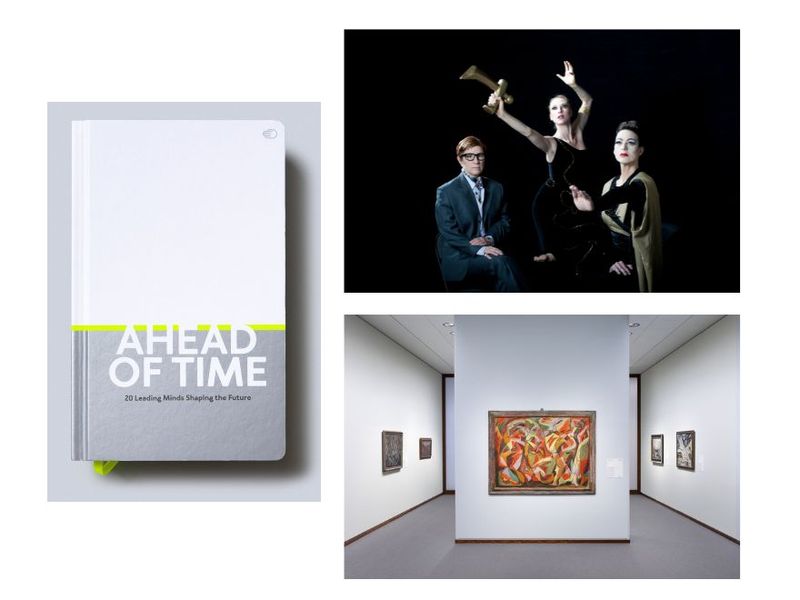 Clockwise from left: Cover of “Ahead of Time” (Courtesy Luster); view of a past performance of Martha Graham’s “The 1963 Interview” (Photo: Amy Arbus/Courtesy Brooklyn Academy of Music); installation view of “Max Ernst to Dorothea Tanning: Networks of Surrealism” at the Neue Nationalgalerie (Photo: David von Becker/Courtesy the Neue Nationalgalerie)