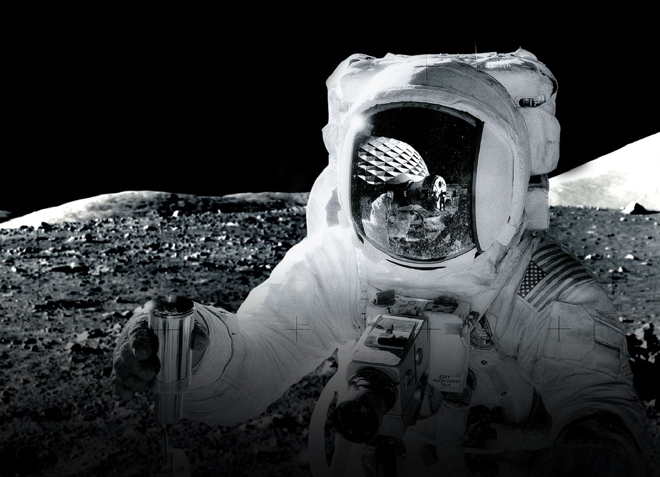 An astronaut on the moon, with a dome reflected in their visor.