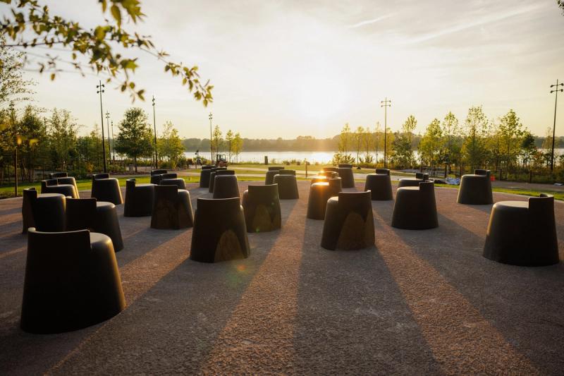 View of Theaster Gates’s installation “A Monument to Listening” at Tom Lee Park. (Photo: Connor Ryan. Courtesy Memphis River Parks Partnership)