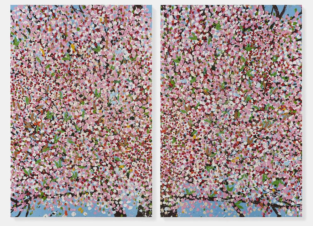A diptych of a painting of cherry blossoms
