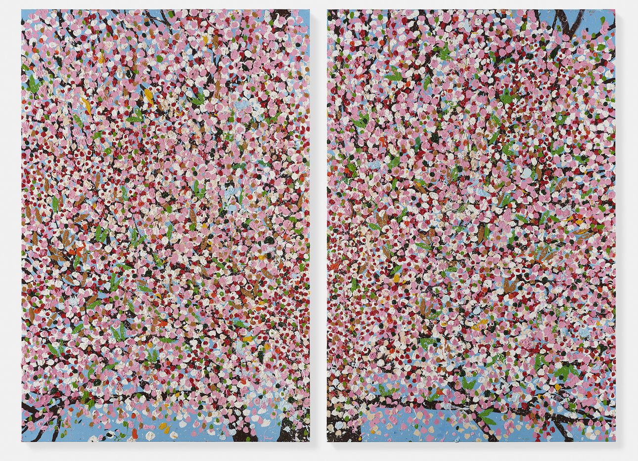A diptych of a painting of cherry blossoms