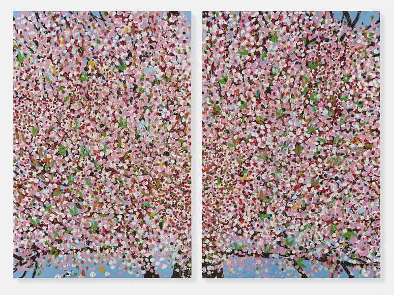 A diptych of a painting of cherry blossoms