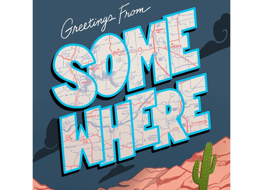 The Somewhere podcast art, featuring a cartoon desert and map.