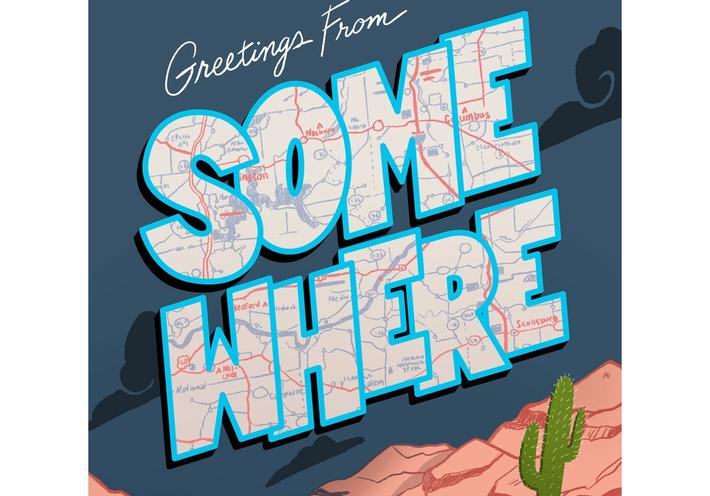 The Somewhere podcast art, featuring a cartoon desert and map.