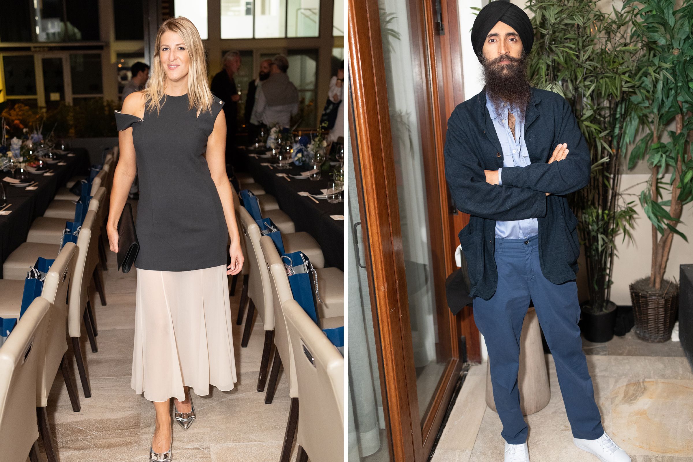 December 2022 | Left to right: Art Production Fund executive director Casey Fremont and designer and actor Waris Ahluwalia, two of the guests at a Grand Seiko dinner hosted by The Slowdown during Art Basel Miami Beach.