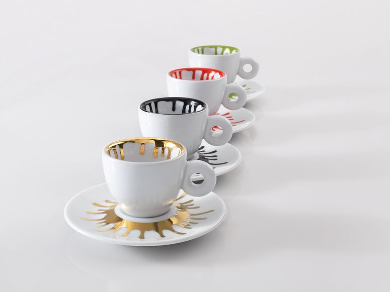 Four espresso cups and saucers with a paint splatter motif