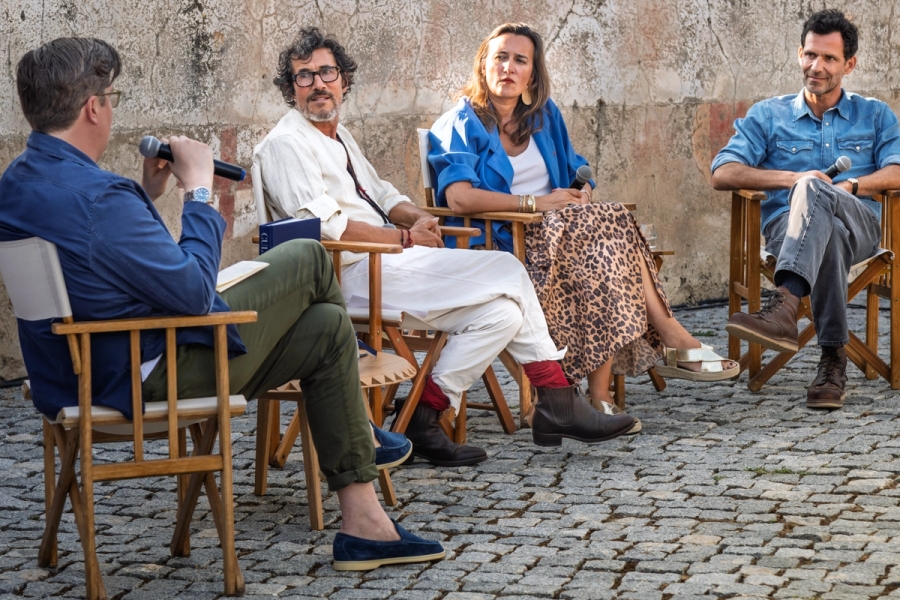 June 24, 2025, Monsaraz, Portugal | Left to right: The Slowdown's editor-in-chief, Spencer Bailey, interviews photographer Mark Borthwick;  architect, artist, and designer Joana Astolfi; and entrepreneur José António Uva, the owner of São Lourenço do Barrocal, at a Leading Hotels of the World “Luxury Summit.” (Photo: Ben Schott)