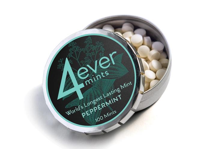 A tin of 4ever mints in peppermint flavor.