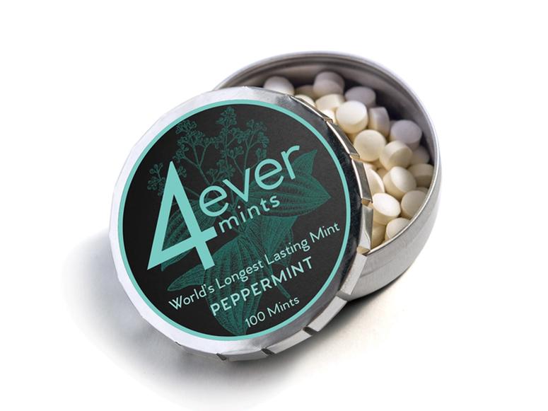 A tin of 4ever mints in peppermint flavor.