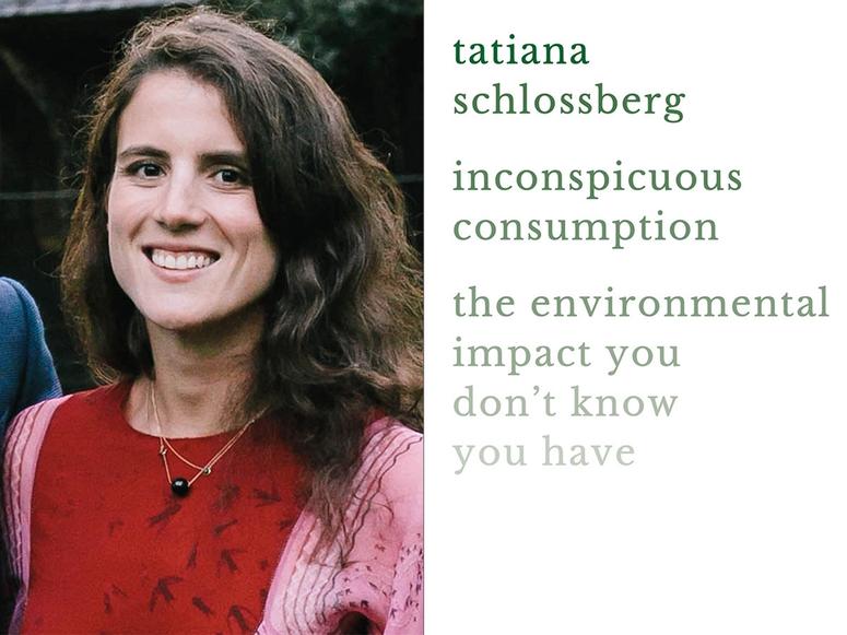 Tatiana Schlossberg smiling next to the front cover of Inconspicuous Consumption.