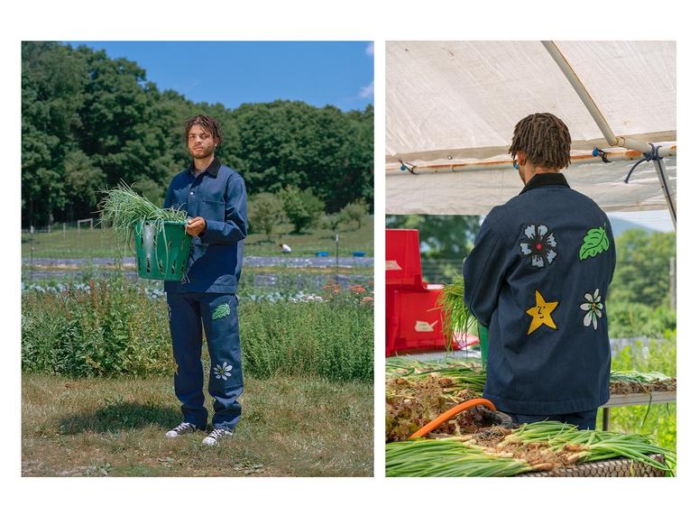 Sky High Farm Workwear’s recycled denim chore coat and double-knee pants. (Photo: Ramie Ahmed)