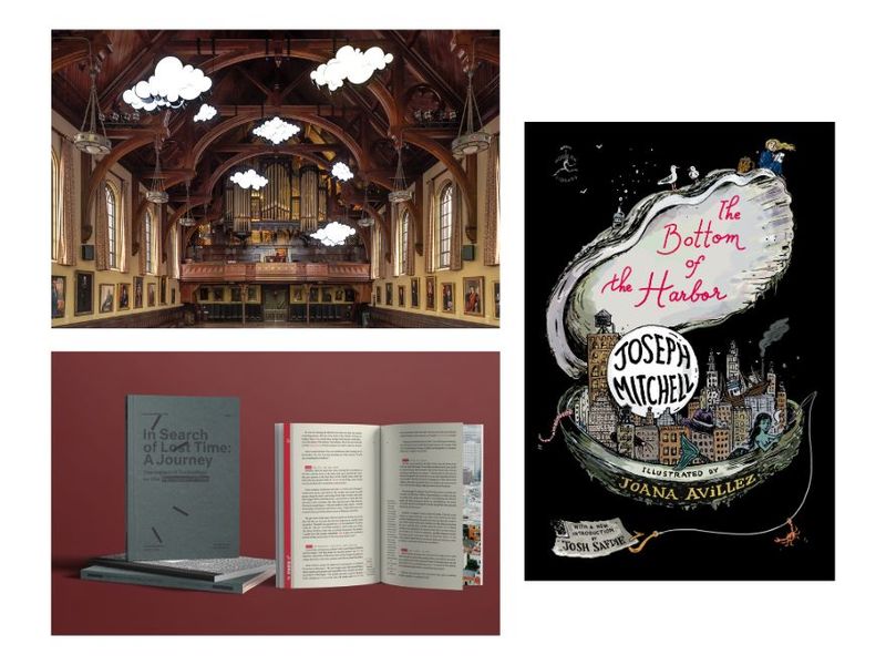 Clockwise from top left: View of Sanford Biggers’s installation “Unsui (Cloud Forest)” at Brown University’s Sayles Hall in 2025 (Photo: Michael Vahrenwald/Courtesy the artist and Brown University); cover of the new edition of Joseph Mitchell’s “The Bottom of the Harbor,” illustrated by Joana Avillez (Courtesy Modern Library); cover and spread of “In Search of Lost Time: A Journey” by Benedikt Fischer and Fanny Ducommun (Courtesy Mashka)
