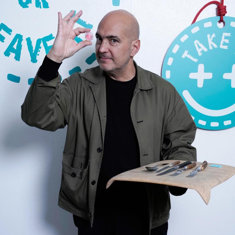 Designer Alberto Biagetti with the cutlery set he won at “Take It or Leave It.” (Photo: Mattia Gargioni)