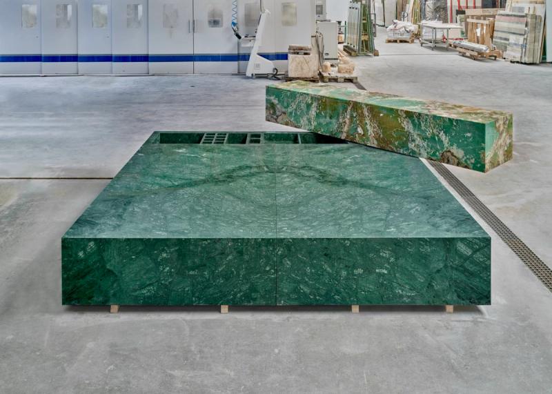 “Inhabitable” (2022), a marble and onyx bed designed by OMA for Solid Nature’s exhibition “Natural Wonders” at Alcova. (Courtesy Solid Nature)