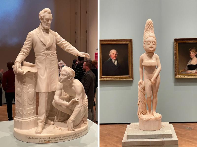 Left to right: The Chazen’s marble “Emancipation Group” model and “The Ascendant” (2020) sculpture by Biggers. (Photos: Spencer Bailey)
