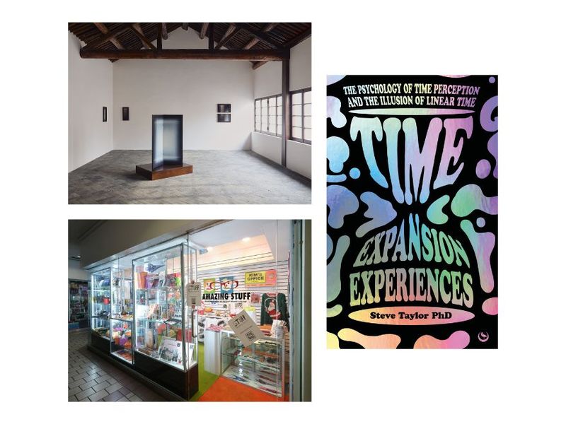 Clockwise from top left: View of “A Frame Within” at Space of Time Gallery (Courtesy Space of Time Gallery); cover of “Time Expansion Experiences” (Courtesy Watkins publishing); view of “Amazing Stuff: Holiday Cultural Department Store!” at Whaam! gallery (Courtesy Whaam!)