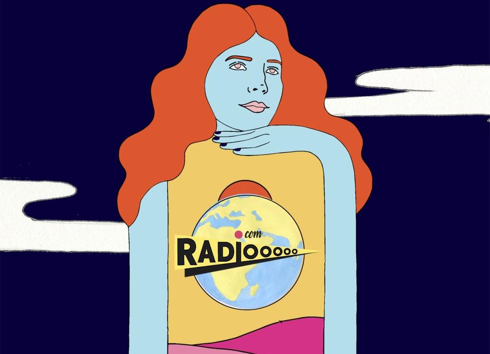 A Radiooooo illustration with a woman with red hair and blue skin.