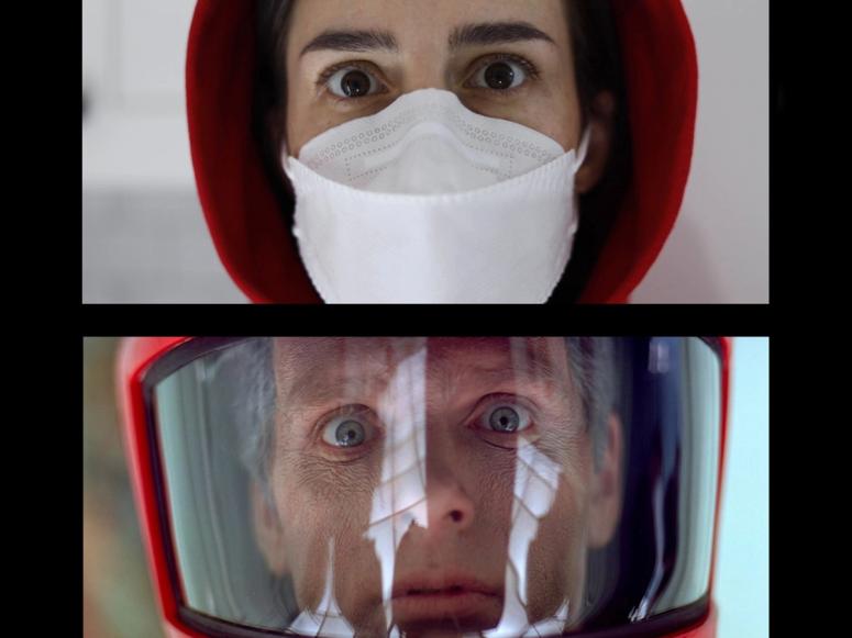 Vertical split screen of a woman wearing a face mask and a man wearing a space helmet