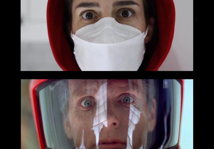 Vertical split screen of a woman wearing a face mask and a man wearing a space helmet