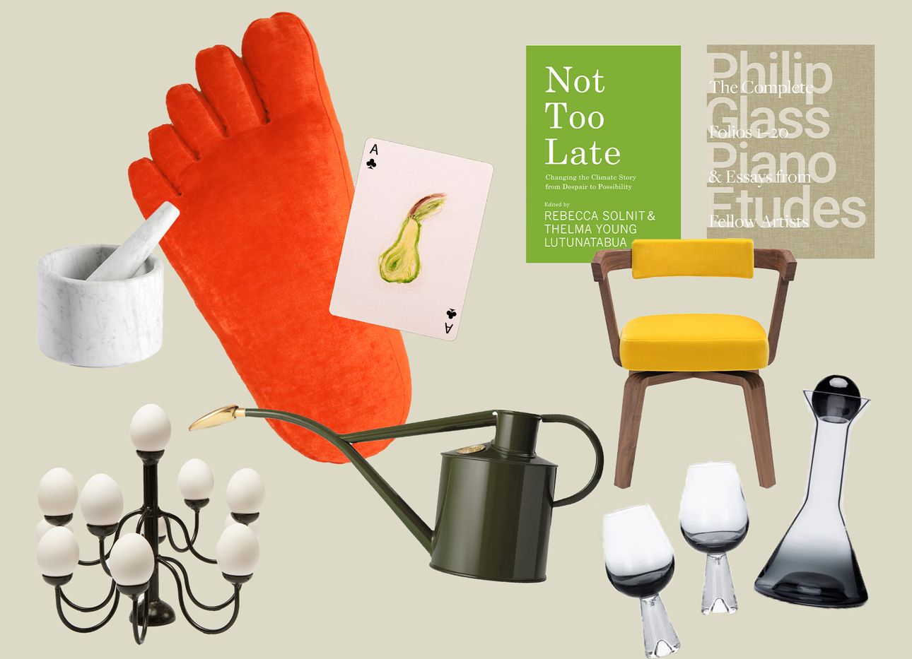 Clockwise from bottom left: Gohar World Egg Chandelier, Mini; Salvatori Ellipse Mortar and Pestle; Sohn Foot Pillow; Theory11 x Eleven Madison Park Limited-Edition Playing Cards; “Not Too Late”; “Philip Glass Piano Etudes”; Molteni & C Porta Volta Chair; Tom Dixon Tank Wine Set; Haws x Gardenheir watering cans.