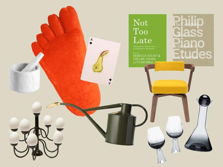 Clockwise from bottom left: Gohar World Egg Chandelier, Mini; Salvatori Ellipse Mortar and Pestle; Sohn Foot Pillow; Theory11 x Eleven Madison Park Limited-Edition Playing Cards; “Not Too Late”; “Philip Glass Piano Etudes”; Molteni & C Porta Volta Chair; Tom Dixon Tank Wine Set; Haws x Gardenheir watering cans.