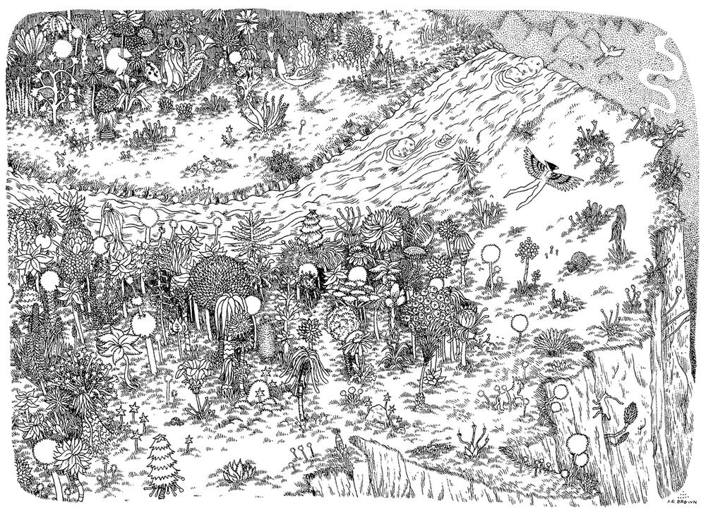 Black and white illustration of a forest on a cliff viewed from above