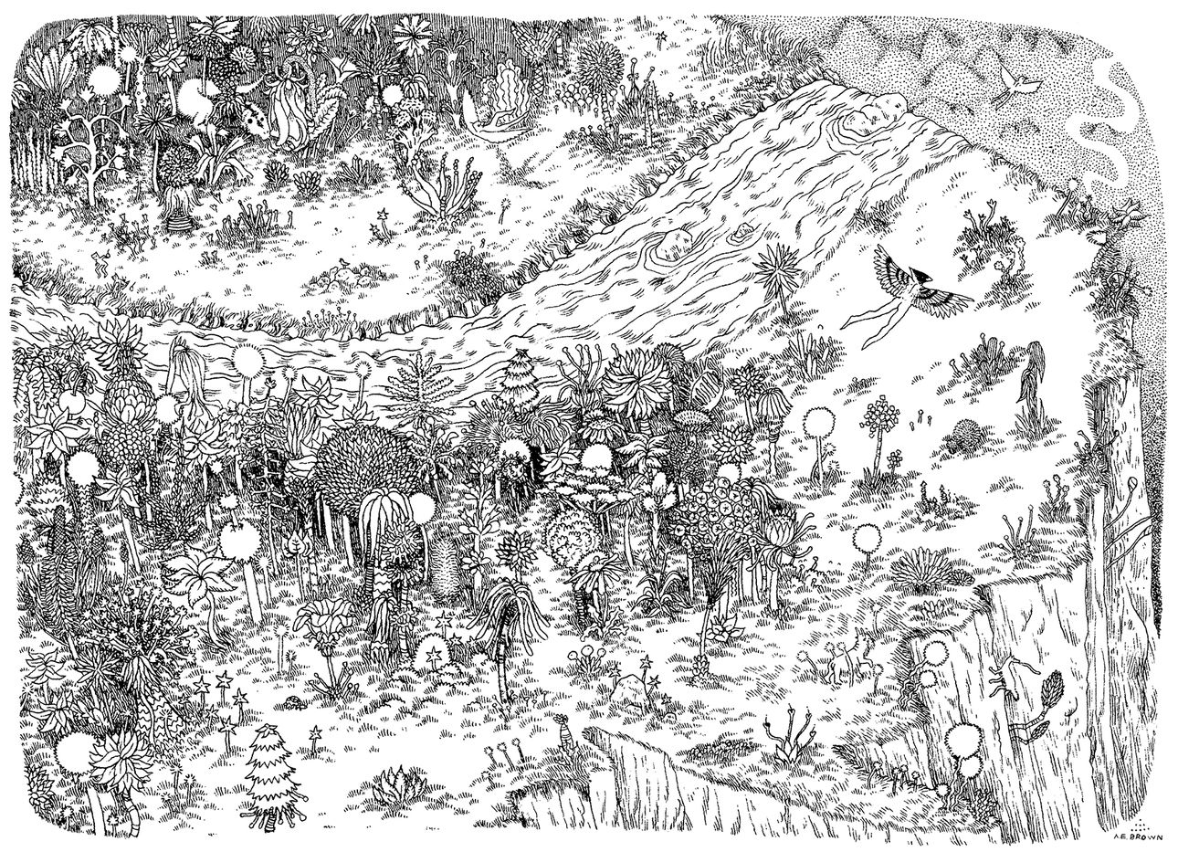 Black and white illustration of a forest on a cliff viewed from above
