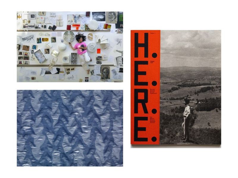Clockwise from top left: Es Devlin photographed amongst her archive (Photo: Daniel Devlin/Courtesy the Design Museum); cover of “H.E.R.E. Journal”’s first issue (Courtesy The Understory); a textile developed by Reiko Sudō for Nuno in collaboration with Saitō Sangyō Co., Ltd., in 1997 (Courtesy the artist and LACMA)