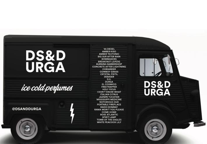 The black D.S. & Durga perfume truck.