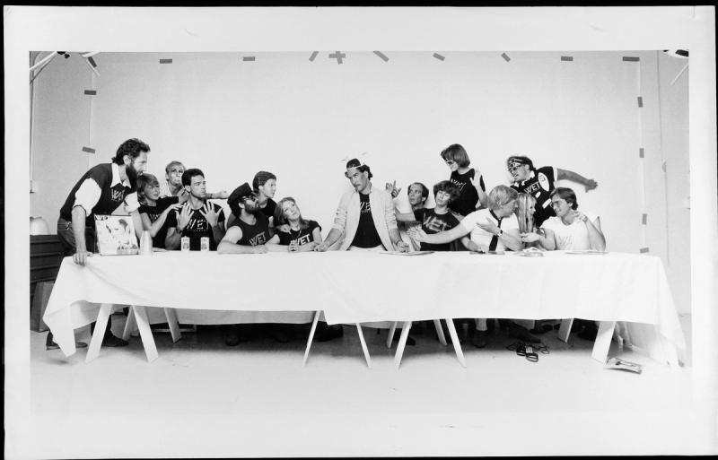 Koren with the “WET” staff in 1980 in a recreation of da Vinci’s “The Last Supper” painting. (Courtesy Leonard Koren)
