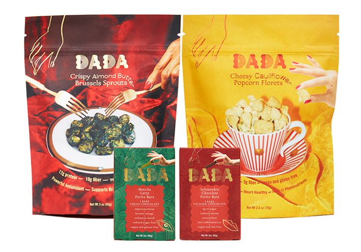 An assortment of brightly colored Dada snack packs.