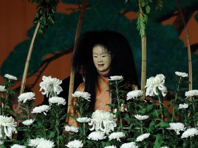 The “shite” (primary performer) in “Makura Jido” (“Chrysanthemum Boy”). (Photo: Yutaka Ishida. Courtesy Japan Society)