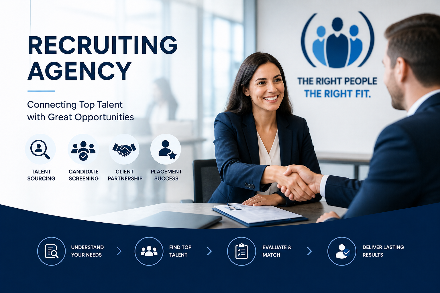 Professional illustration representing launching a recruiting agency — featuring growth, entrepreneurship, and business confidence in greens, blues, and neutrals