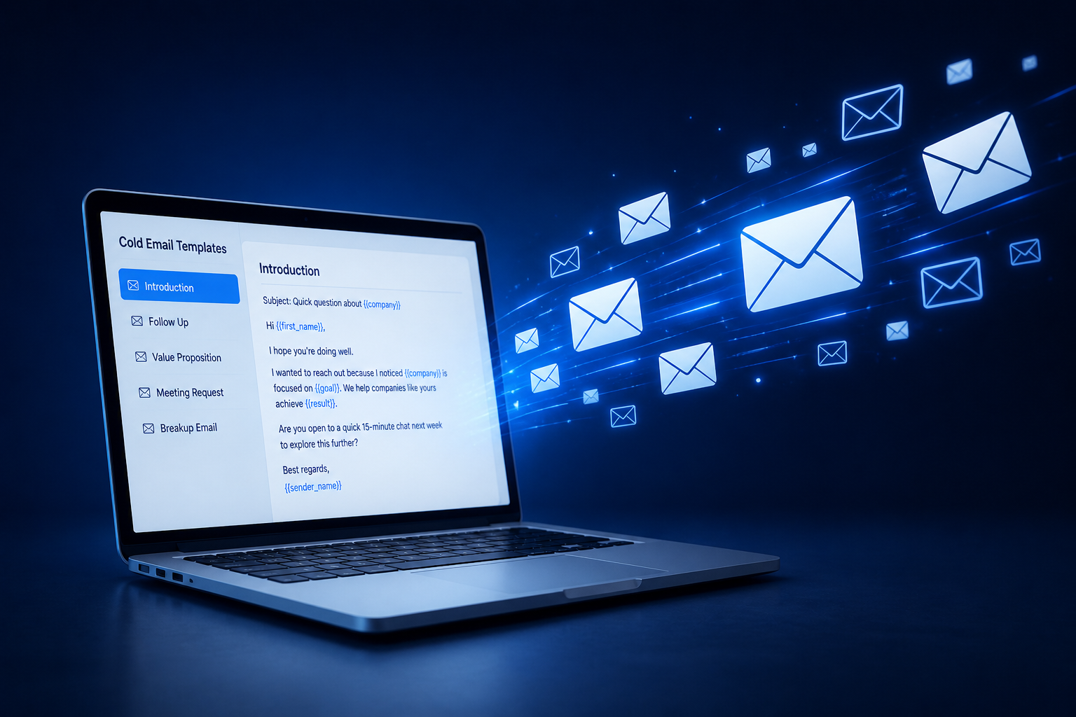 A sleek laptop displaying cold email templates, with glowing email icons flowing outward—symbolizing scalable outreach strategies for recruiting business development that drive real responses.