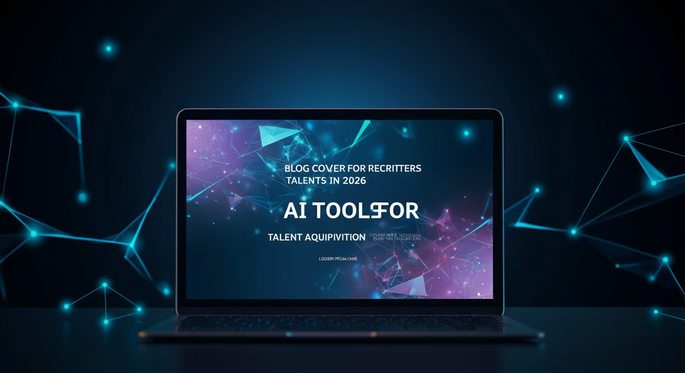 Futuristic AI and recruiting technology visualization with network nodes in blues, purples, and teals