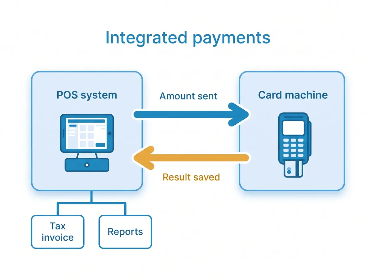 Diagram of integrated payments: the POS system sends the amount to the card machine, the result is saved back to the POS, which produces the tax invoice and reports.