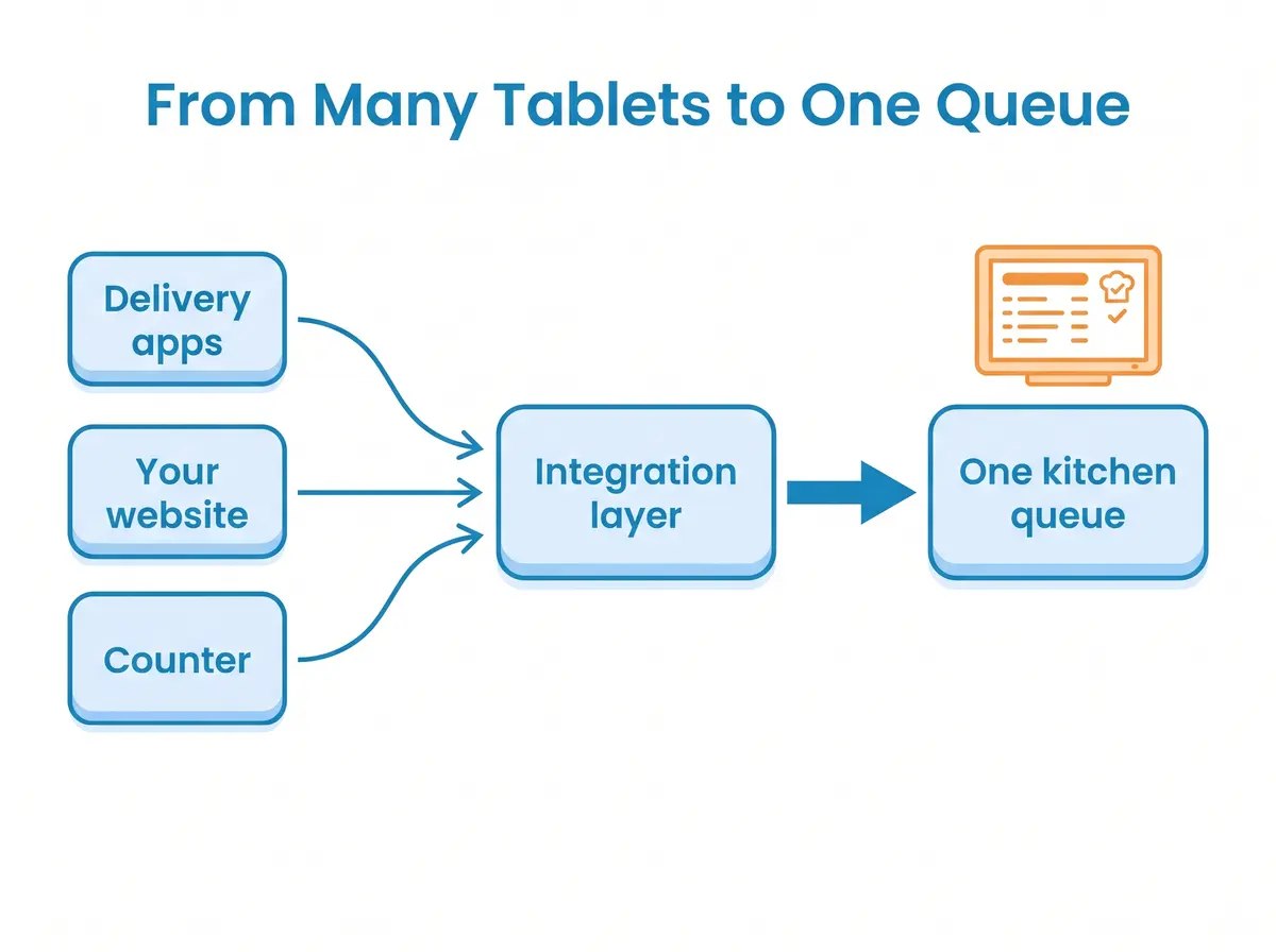 Flow diagram showing orders from delivery apps, your website and the counter converging through an integration layer into a single kitchen queue.