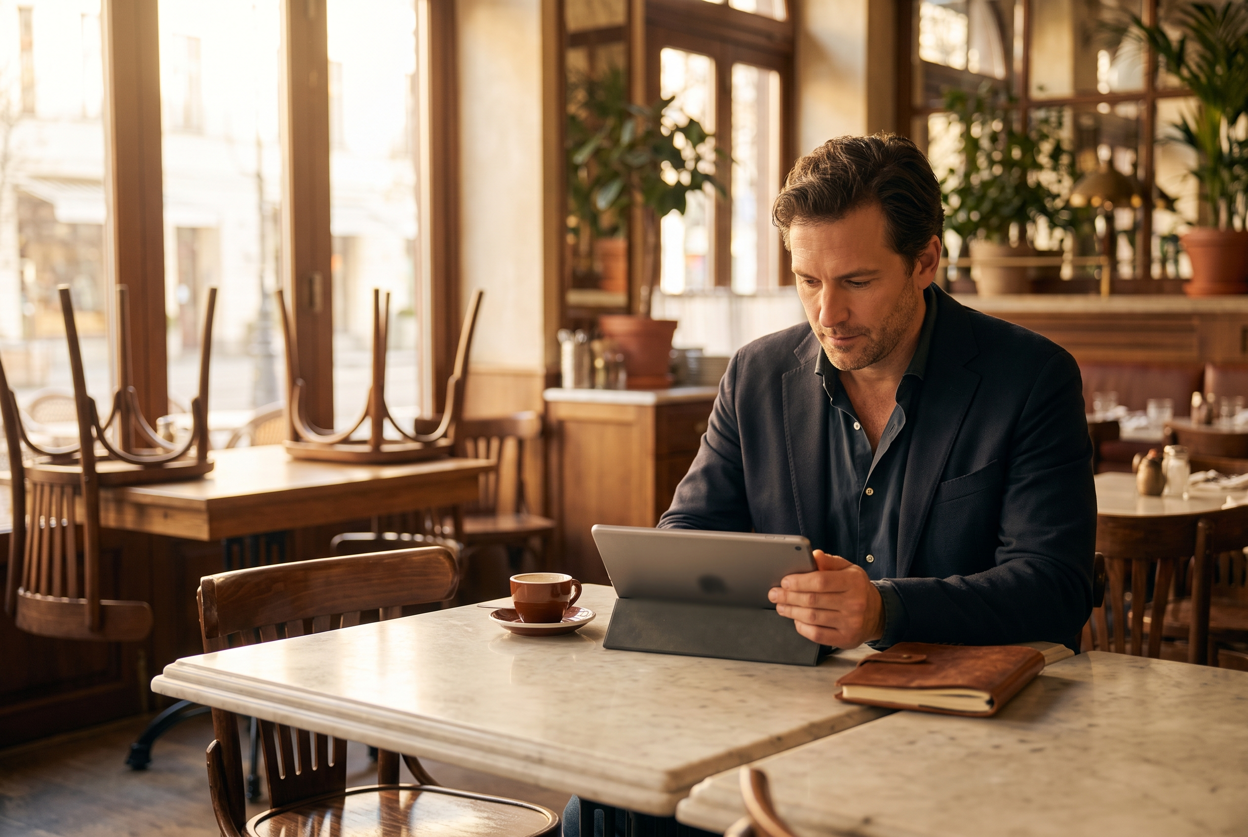 Restaurant owner reviewing performance numbers on a tablet at a marble bistro table before opening