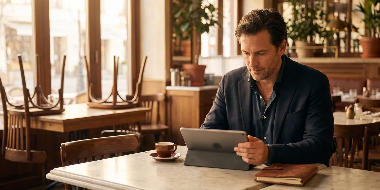 Restaurant owner reviewing performance numbers on a tablet at a marble bistro table before opening
