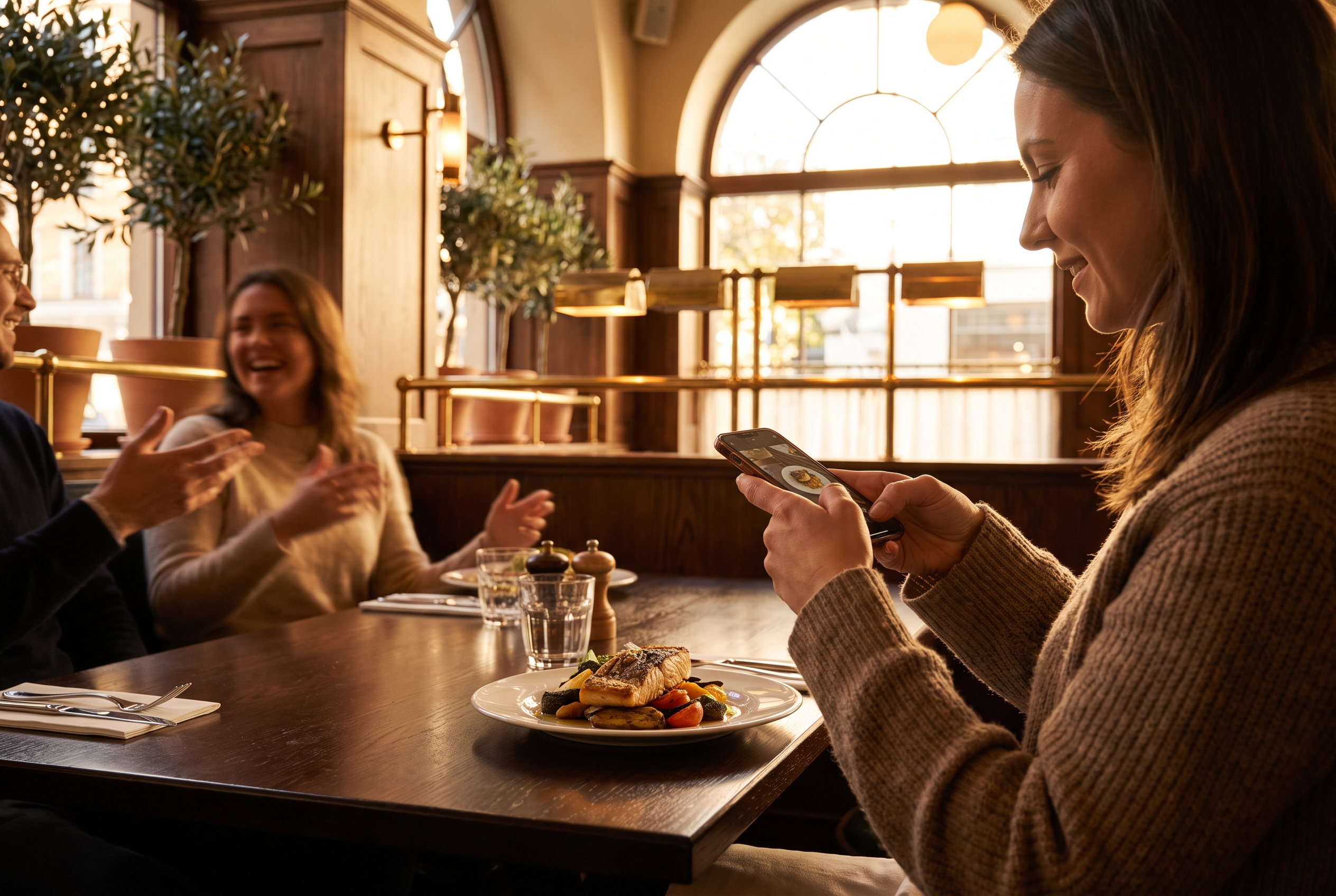 A guest photographing a plated dish on her phone at a warm bistro table in golden hour light