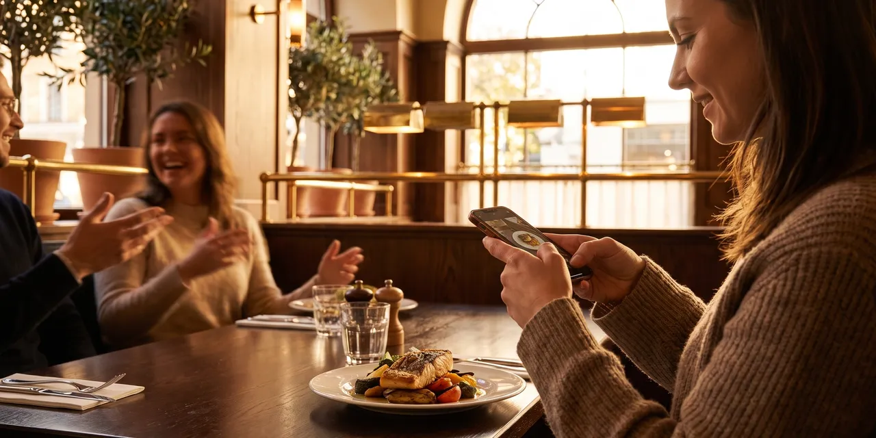 A guest photographing a plated dish on her phone at a warm bistro table in golden hour light
