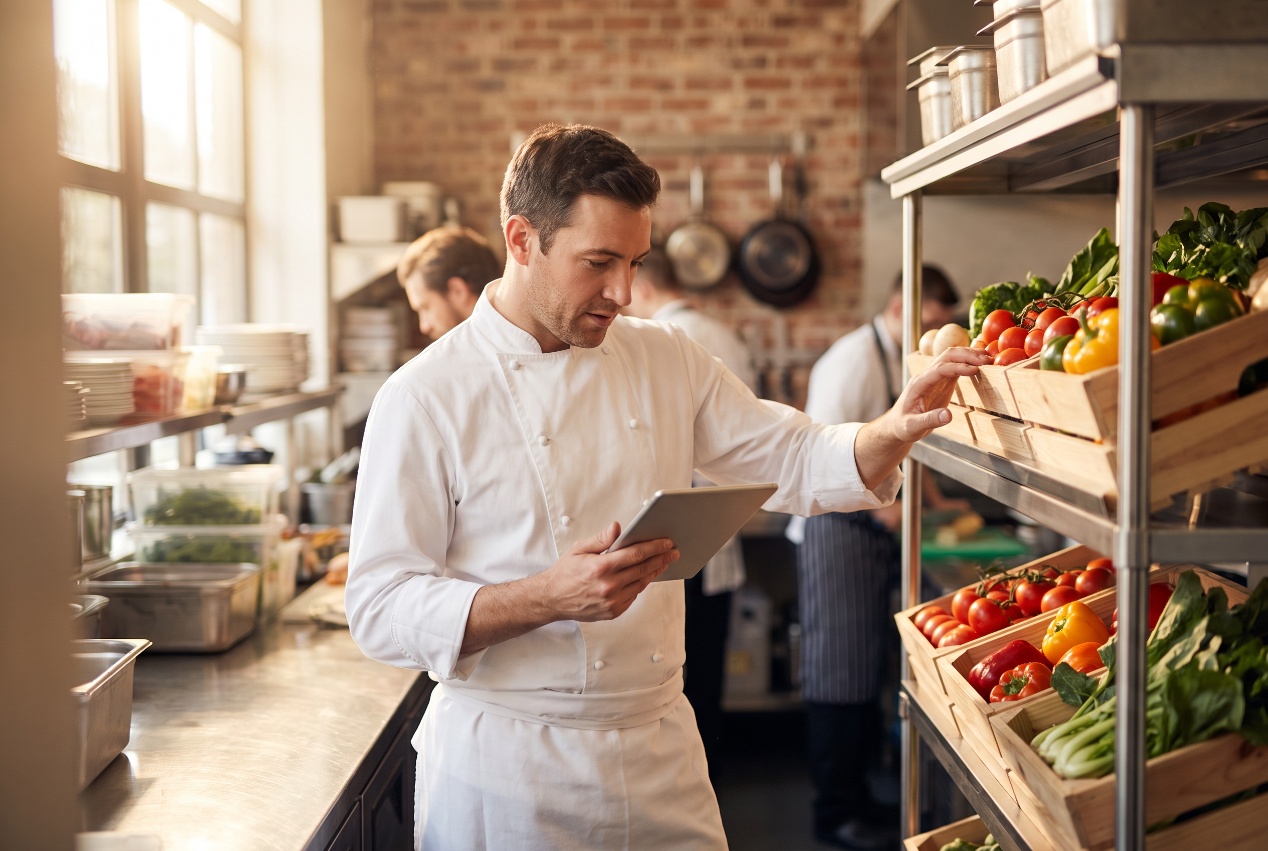 A chef in a white jacket counting fresh produce stock on stainless steel shelving in a restaurant prep kitchen while holding a tablet.