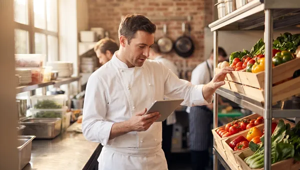 A chef in a white jacket counting fresh produce stock on stainless steel shelving in a restaurant prep kitchen while holding a tablet.