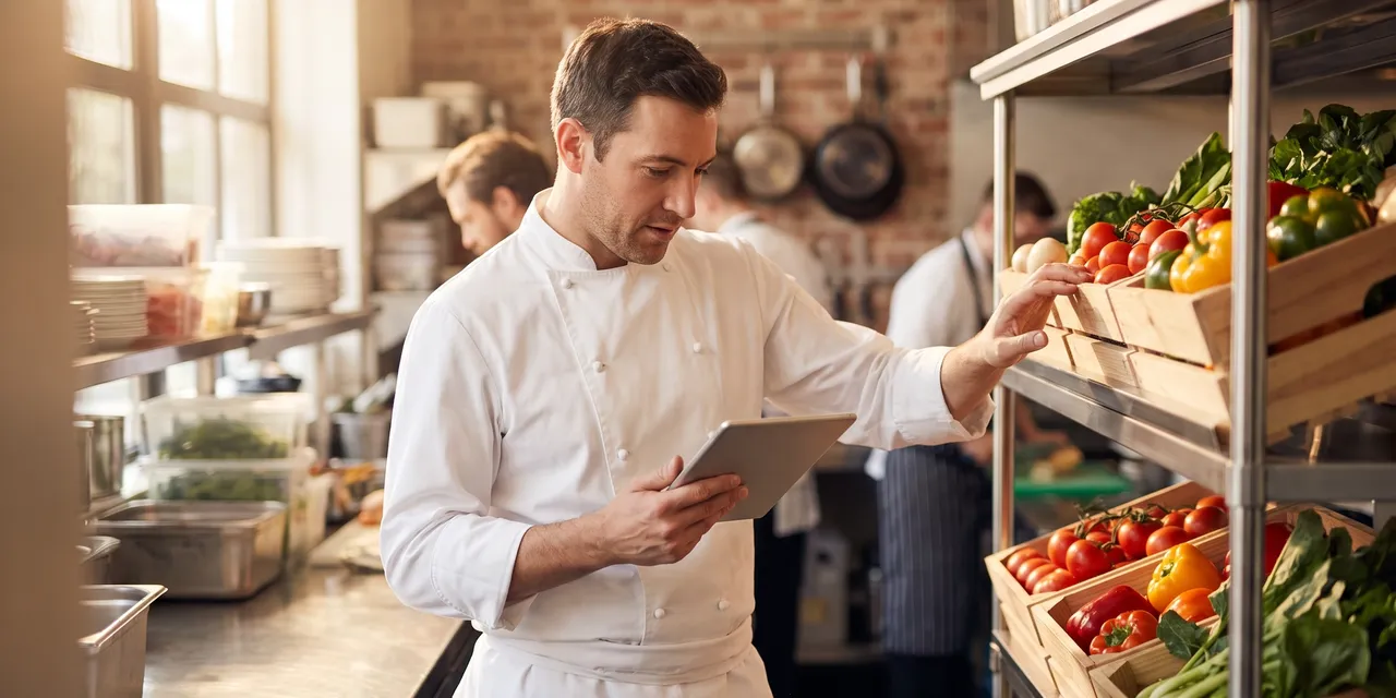 A chef in a white jacket counting fresh produce stock on stainless steel shelving in a restaurant prep kitchen while holding a tablet.