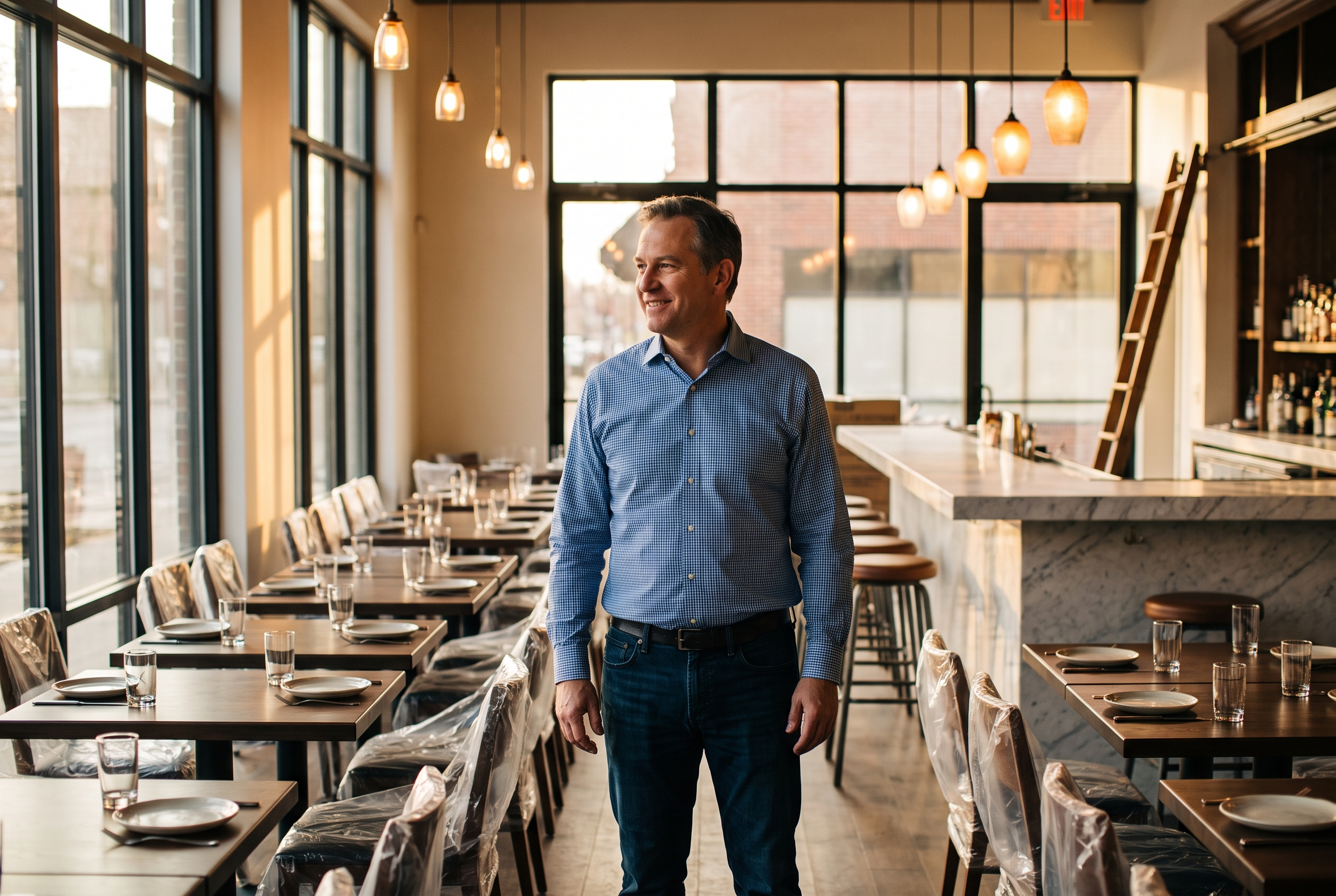 A restaurant owner standing in the dining room of a new second location before opening, with tables set, some chairs still wrapped in plastic and warm light through large windows.