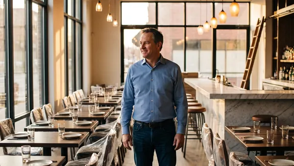 A restaurant owner standing in the dining room of a new second location before opening, with tables set, some chairs still wrapped in plastic and warm light through large windows.