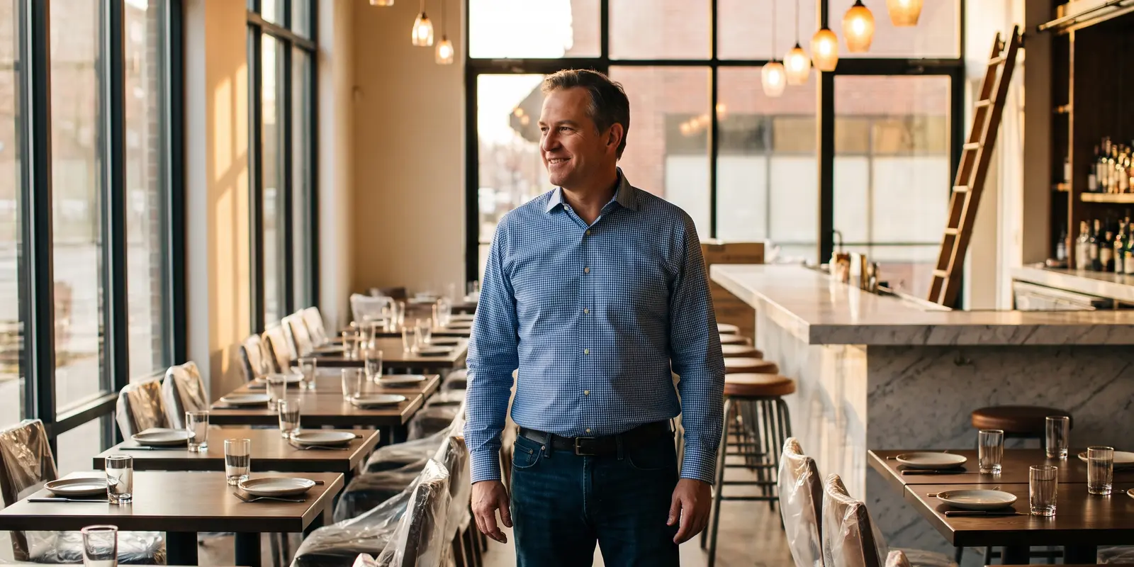 A restaurant owner standing in the dining room of a new second location before opening, with tables set, some chairs still wrapped in plastic and warm light through large windows.