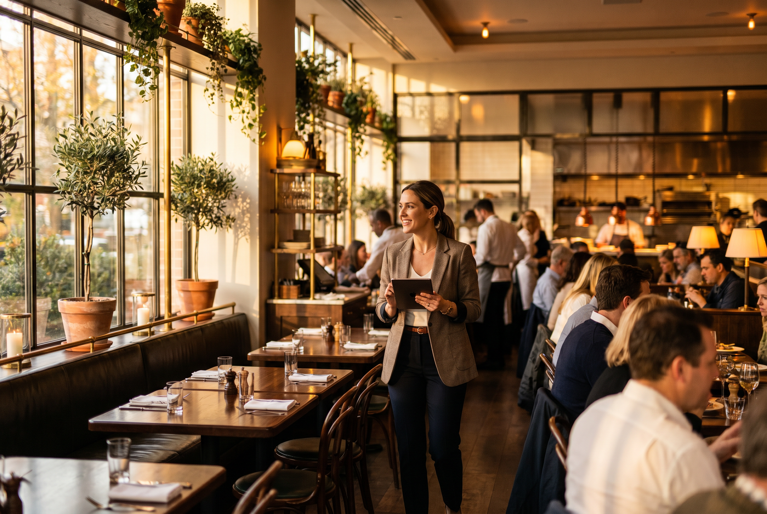 A restaurant manager holding a tablet oversees a busy upscale bistro dining room in warm window light