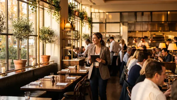 A restaurant manager holding a tablet oversees a busy upscale bistro dining room in warm window light